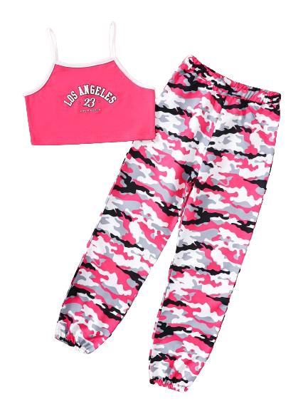 8-14Y  Ready Stock  Big Girls Clothes Los Angeles Graphic Straps Crops Tops Elastic Camouflage Pants 2Pcs Spring Summer Outfits Rose Red Catpapa 462311019