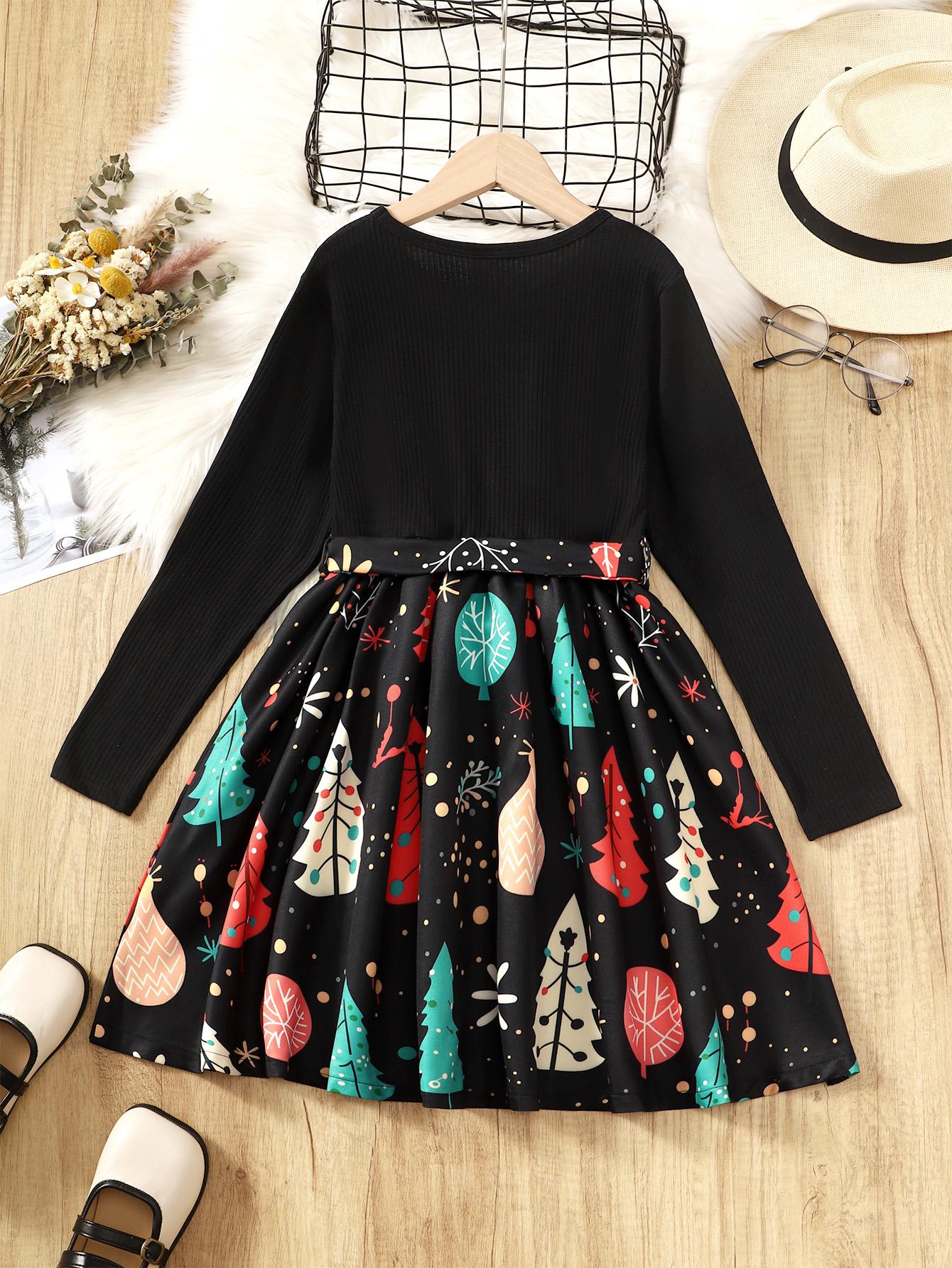 8-14Y Ready Stock  Big Girls Dress Christmas Tree Print Bow Belt Splice Fall Winter Dress One Piece Feast Dress Black Catpapa  462308010