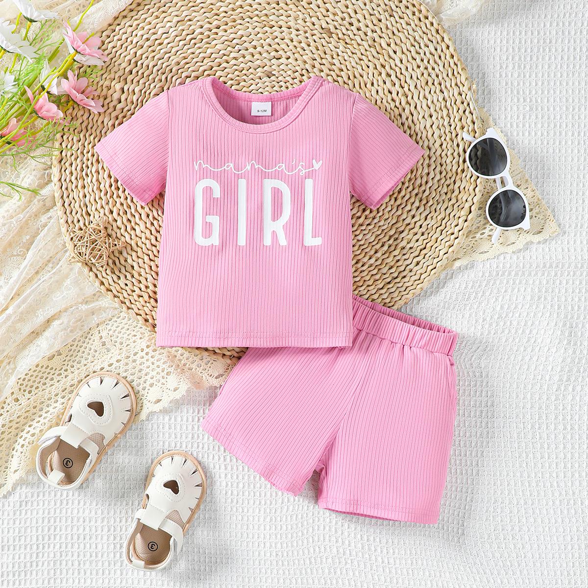 6M-3Y Ready Stock Baby Girls Summer Outfits "Mama's Girl" Print Casual Set, Ribbed T-shirt & Shorts, 2Pcs Clothes From 6M-3Y Catpapa GS132312159