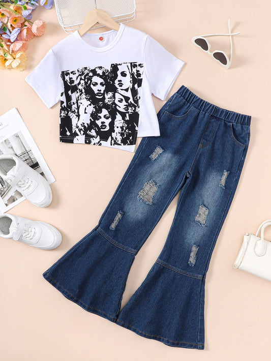 7-14Y Ready Stock  Girl's Retro Portrait Print Outfit Short Sleeve Graphic Top + Flare Leg Ripped Jeans Holiday Casual Set, Summer 2PCS Girls Clothes Catpapa 462312027