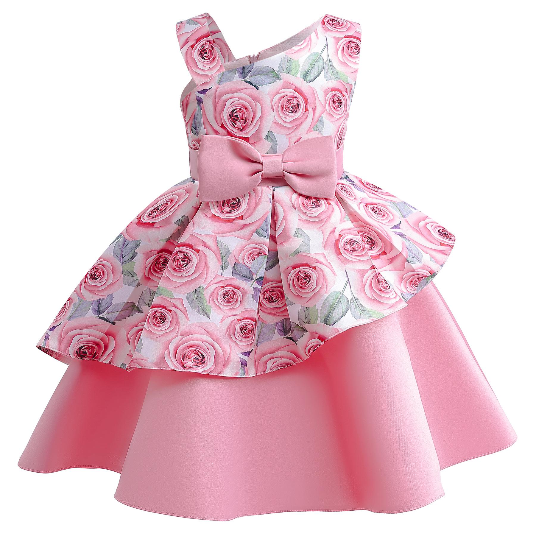 2-10Y Baby Girls Princess Dress Floral Bow Sloping Shoulder Summer Performance Dress One Piece Party Dress Catpapa ZT-8576