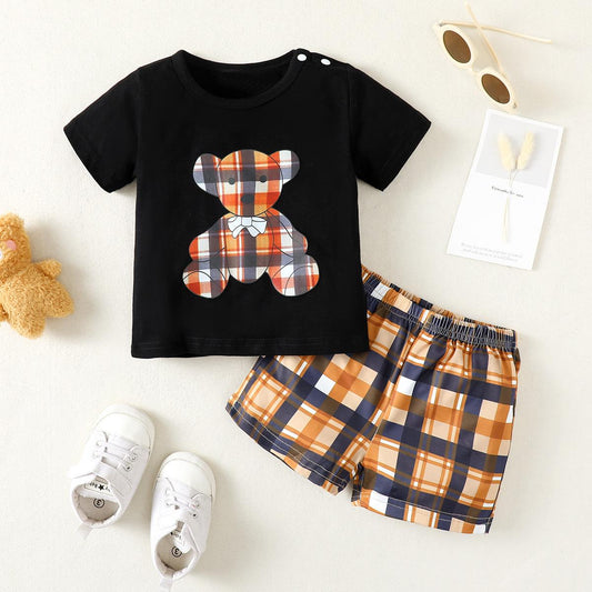 3-24M Kid fashion Boys Outfits Bear Shirt Plaid Shorts 2Pcs Summer Clothes Set Catpapa F112205005