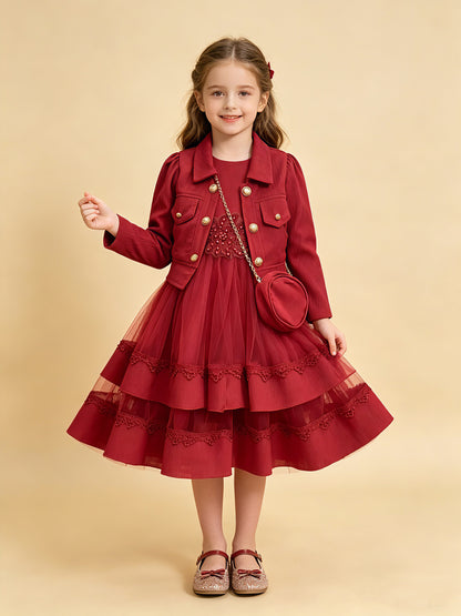 Wholesale 4-10Y Girls 3Pcs Rib Knit Lace Tulle Princess Dress Set, Kids Birthday Party Lapel Jacket Soft Fabric Formal Outfit With Mini Bag