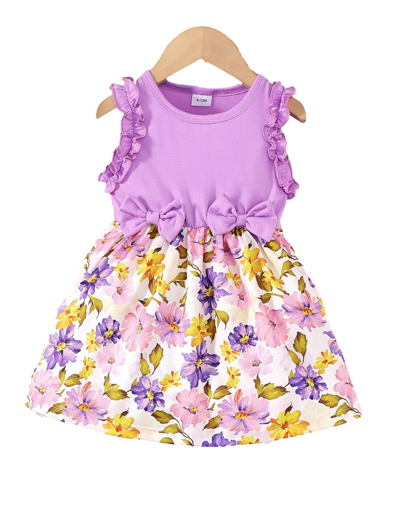6M-3Y Ready Stock 6m-3y Baby Girls Dress Floral Print Bows Sleeveless Summer Toddler Girls Dress One Piece Casual Dress Purple Catpapa132312157-1