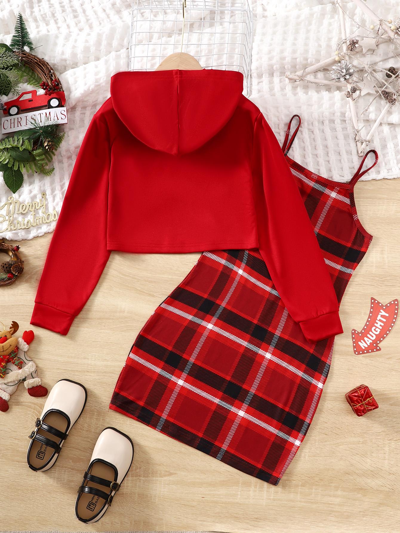 8-14Y  Ready Stock Kids Girls Christmas Outfits Straps Plaid Print Dress Print Letter Graphics Long Sleeve Sweater Hoodies 2Pcs Nice Apparel Clothes Set Red Catpapa 462307023