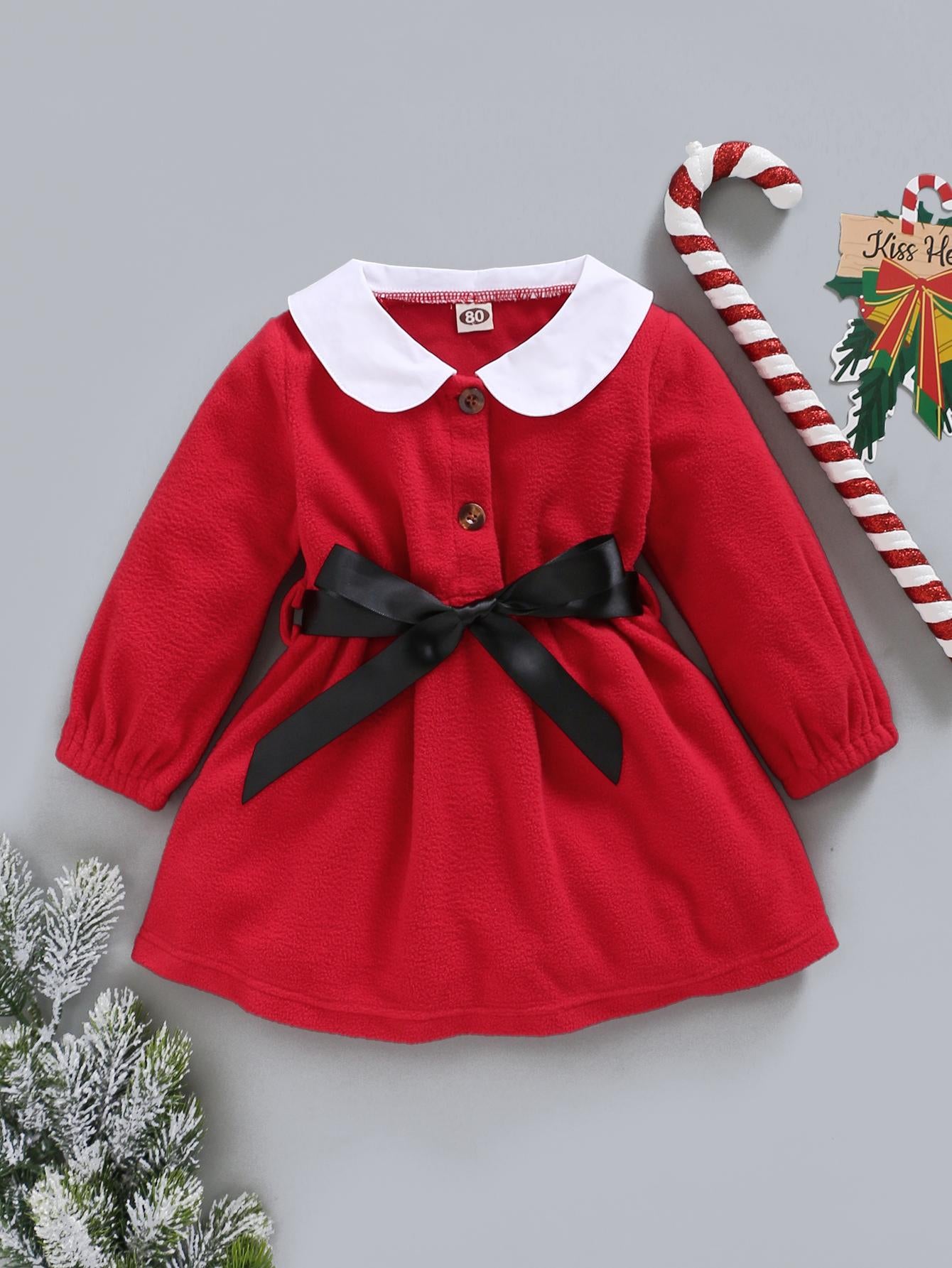 3-24M Kid fashion Girls Clothes Girl Christmas Red Long Sleeve Dress Red Catpapa L2008169