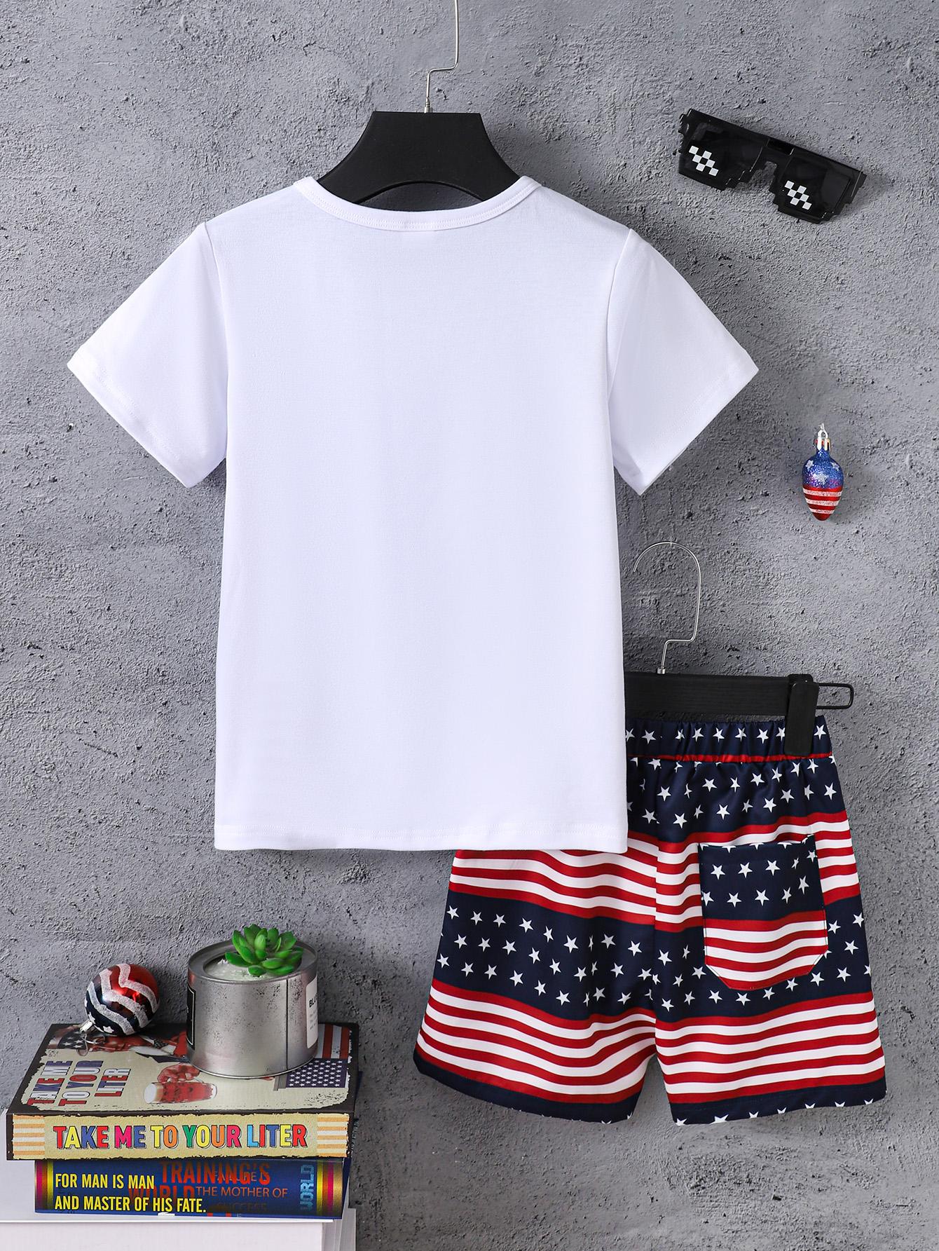 7-15Y Ready Stock Kid Boys Summer Outfits Fake Pocket Casual T-shirt Elastic Stars and Stripes Shorts 2Pcs Independence Day Clothing From 7Y-15Y White Catpapa 462312039