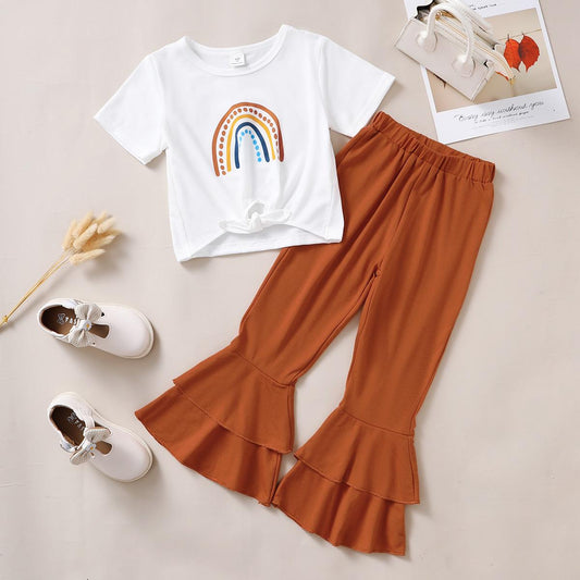 3-7Y Kids Fashion Girls Clothes Rainbow Print Short Sleeve Bell-bottomed Pants 2Pcs White Catpapa F212205302