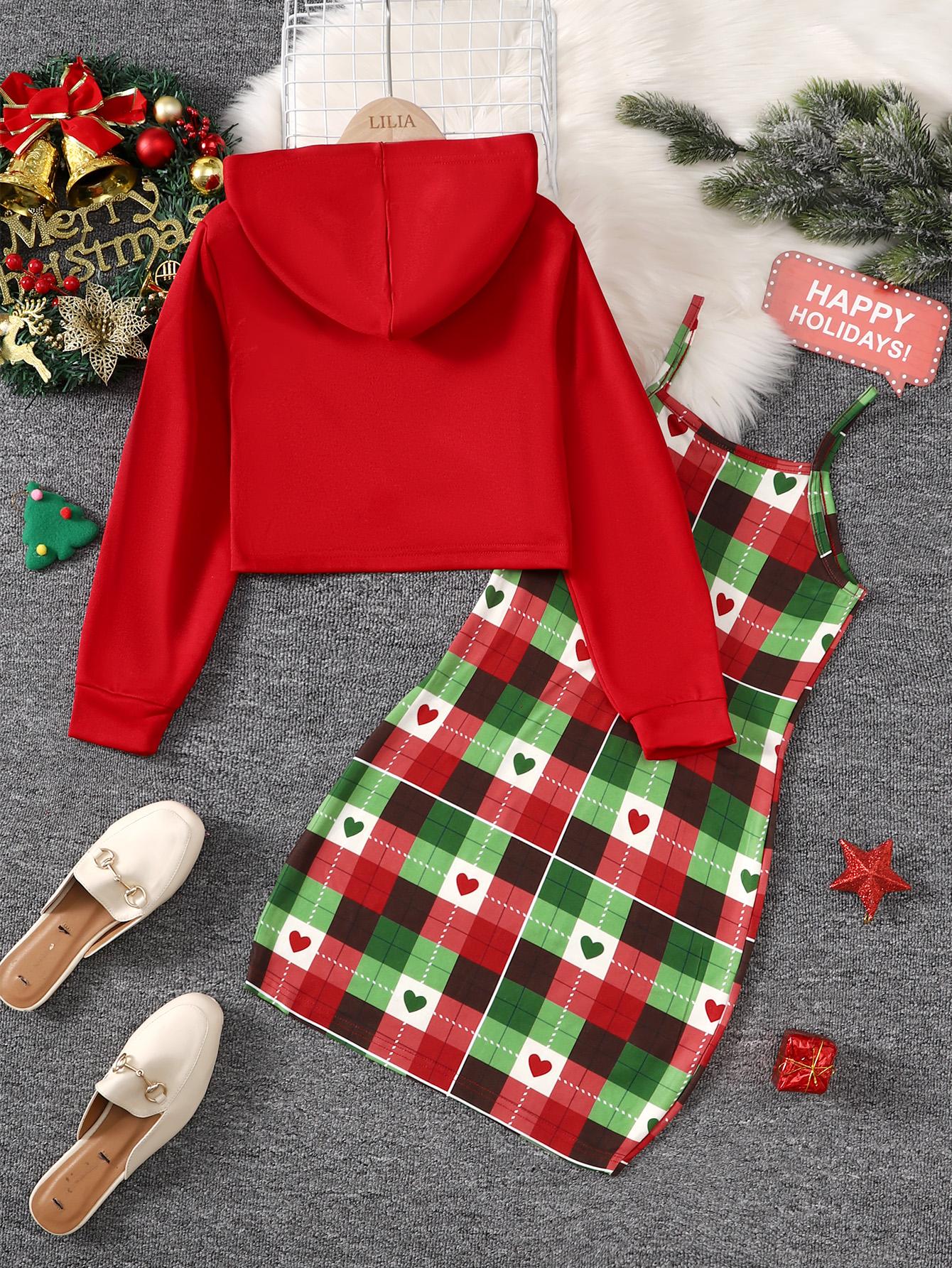 8-14Y  Ready Stock Kids Girls Christmas Outfits Straps Plaid Print Dress Print Letter Graphics Long Sleeve Sweater Hoodies 2Pcs Nice Apparel Clothes Set Red Catpapa 462307023