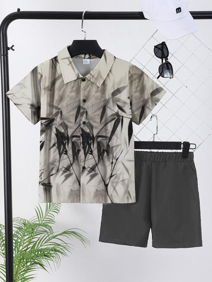 7-15Y Ready Stock Big Boys Summer Outfits Chinese Style Brush Painting Print Short Sleeve Turn-down Collar Shirt & Shorts Set 2Pcs, Kids Clothes (Ramdom Printing) Catpapa  462401037