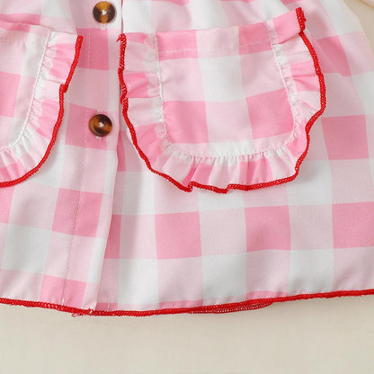 3-24M Ready Stock Baby Girls Dress Checker Print Doll Collar Bubble Sleeve Pocket Dress One Piece Sund Dress Pink Catpapa 312302013