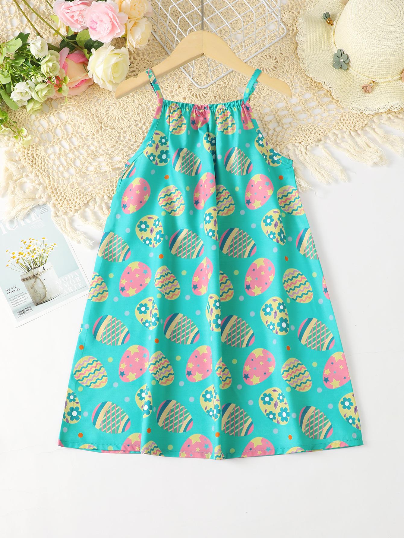 5-14Y Kids Fashion Ready Stock Big Girls Dress Easter Eggs Print Summer Straps Belt Dress One Piece Party Dress For Easter Green Catpapa 623020008