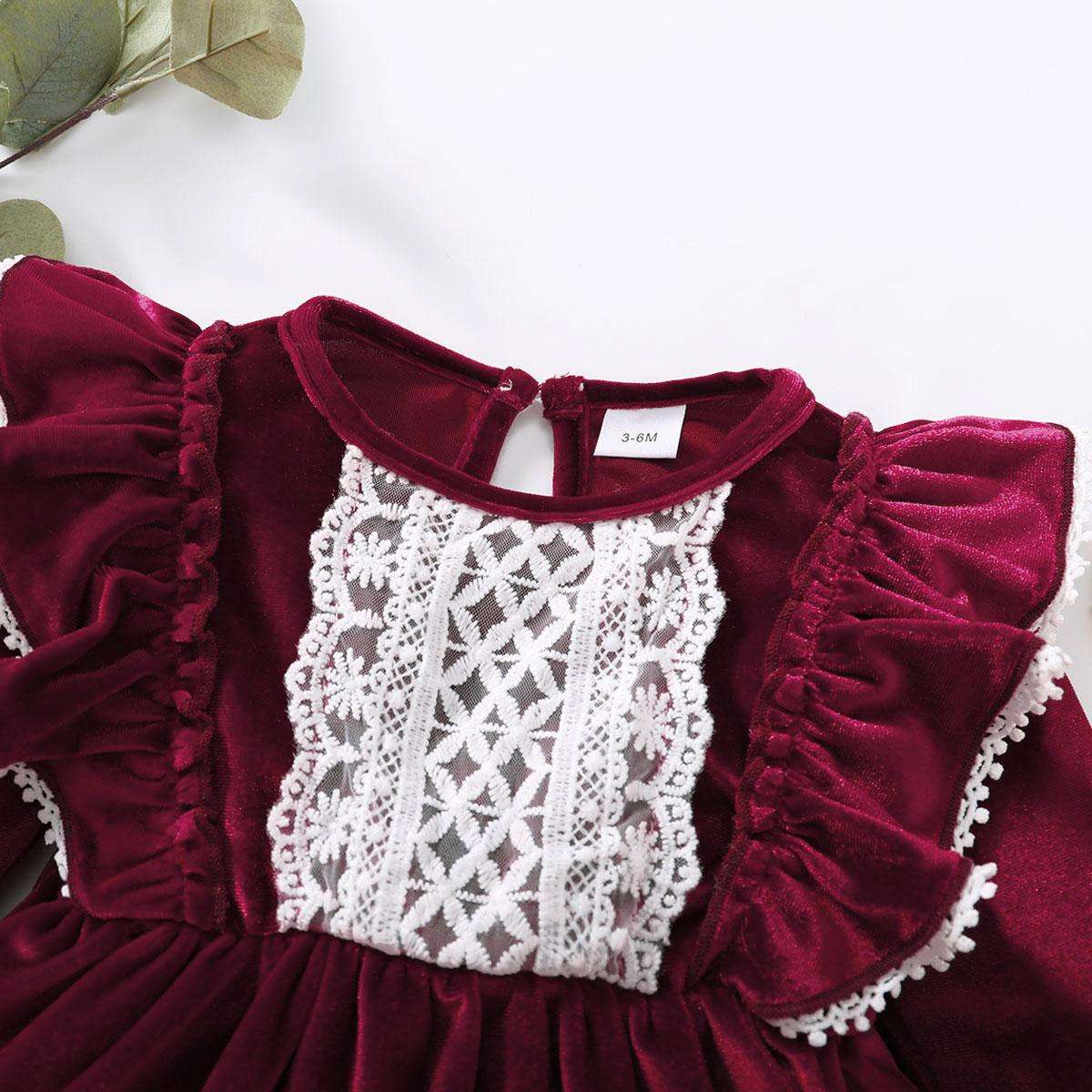 3-24M Baby Girls Dress Satin Lace Long Sleeve One Piece Winter Dress Red Catpapa 222206604