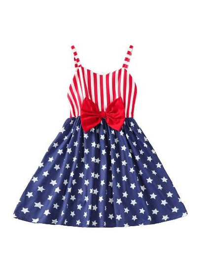 2-7Y Ready Stock Baby Girls Dress Stars and Stripes Bow Straps Dress One Piece Dress For Independence Day Catpapa  623030001