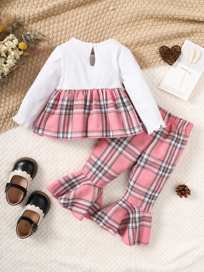 6M-3Y Baby girl pink plaid and white long-sleeved bell pants suit baby girl clothes Catpapa 112206601-4