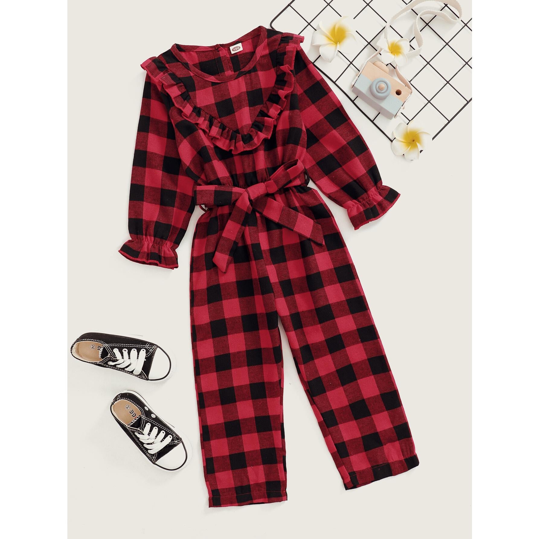 12M-7Y Kids fashion Girl Clothes Long Sleeve One Piece Jumpsuit Baby Girl Red Plaid One-piece Bodysuit Catpapa WL20081465