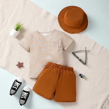3-7Y Kid Fashion Ready Stock Baby Boys Outfits Stripe Pocket Summer Tops Elastic Shorts Hat 3Pcs Clothes Set Brown Catpapa 212211017