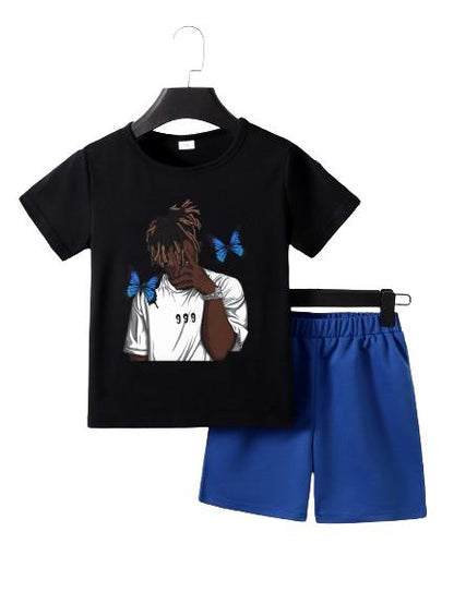 7-15Y Ready Stock Big Boys Summer Clothes Boys Outfits Cool Hip Hop Rapper Print T-shirt Elastic Shorts Sets 2Pcs OOTD Black Catpapa  462312017