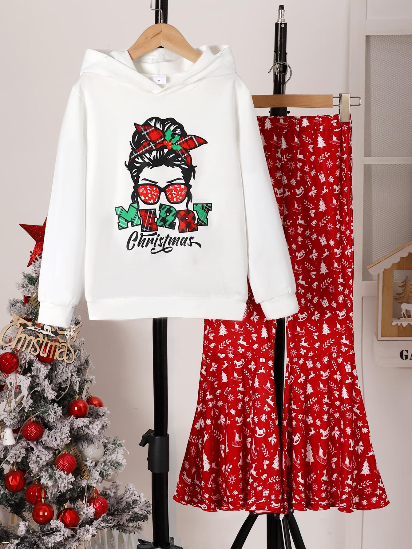 8-14Y Ready Stock 2pcs Girl's MERRY CHRISTMAS Print Outfit Anime Girl Print Hooded Long Sleeve Top, Flared Pants Kid's Clothes Set For Spring Fall Winter White 8-14Y Catpapa 462307026