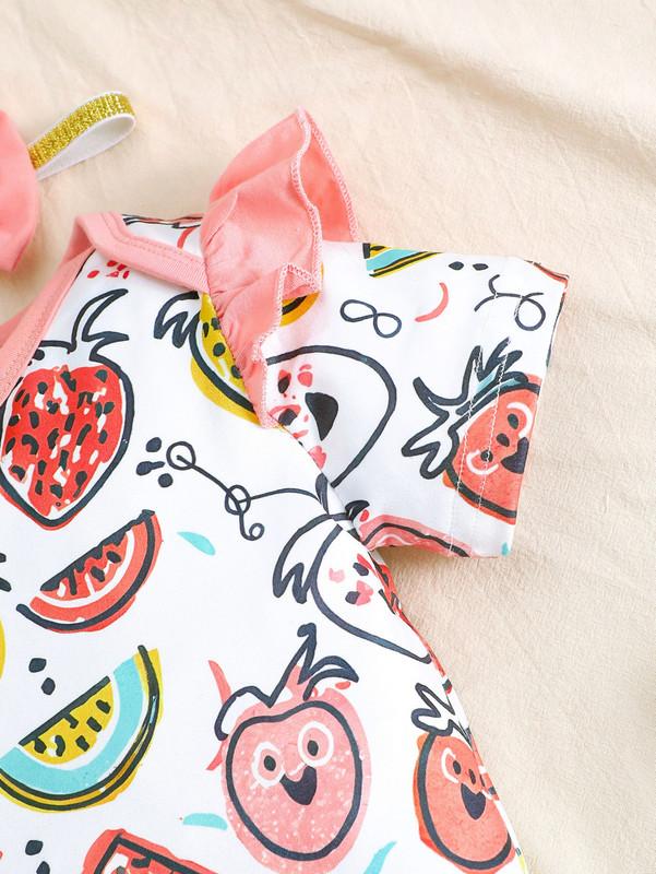 1-18M Ready Stock 1-18M Baby Girls Summer Clothes Fruits Print Playsuits Ruffle Short Sleeve Bodysuits With Headband 2Pcs Romper Sets White catpapa 132312176