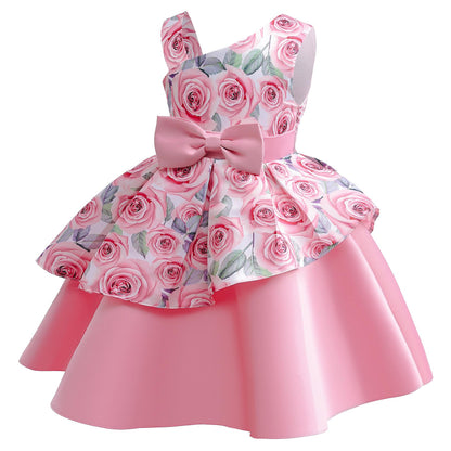 2-10Y Baby Girls Princess Dress Floral Bow Sloping Shoulder Summer Performance Dress One Piece Party Dress Catpapa ZT-8576