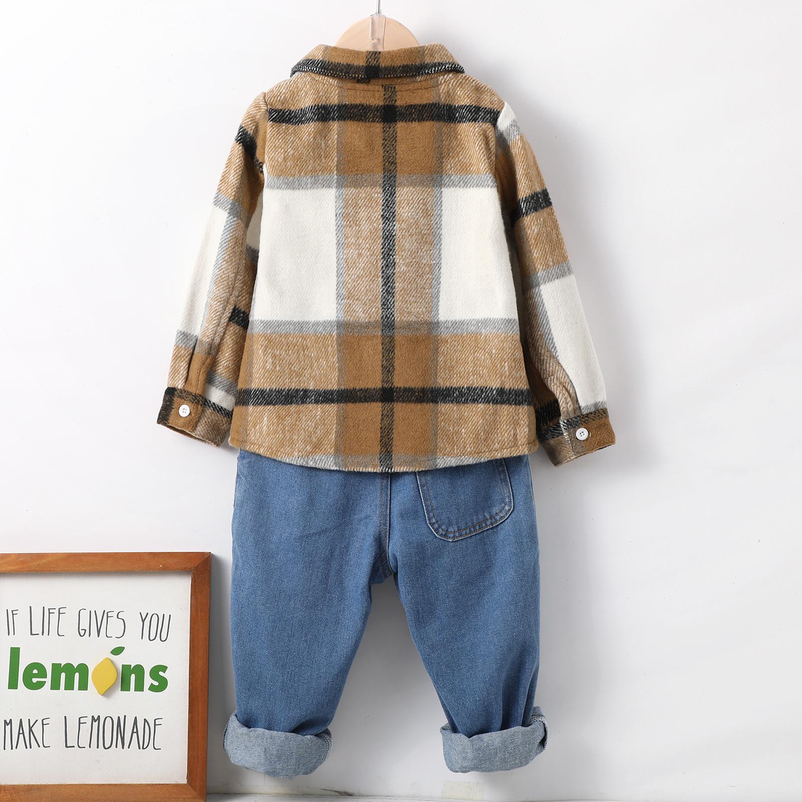 4-7Y Baby Boys Outfits Plaid Buttons Pocket Coat Demin Pants 2Pcs Clothes Set Kakhi Catpapa 112206751