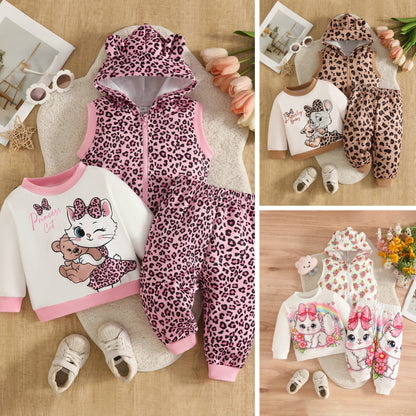 Wholesale 6M-3T Girls 3Pcs Cartoon Cat Leopard Hooded Vest Outfit Set, Soft Cotton Knit Toddler Outdoor Sweatshirt & Jogger Pants