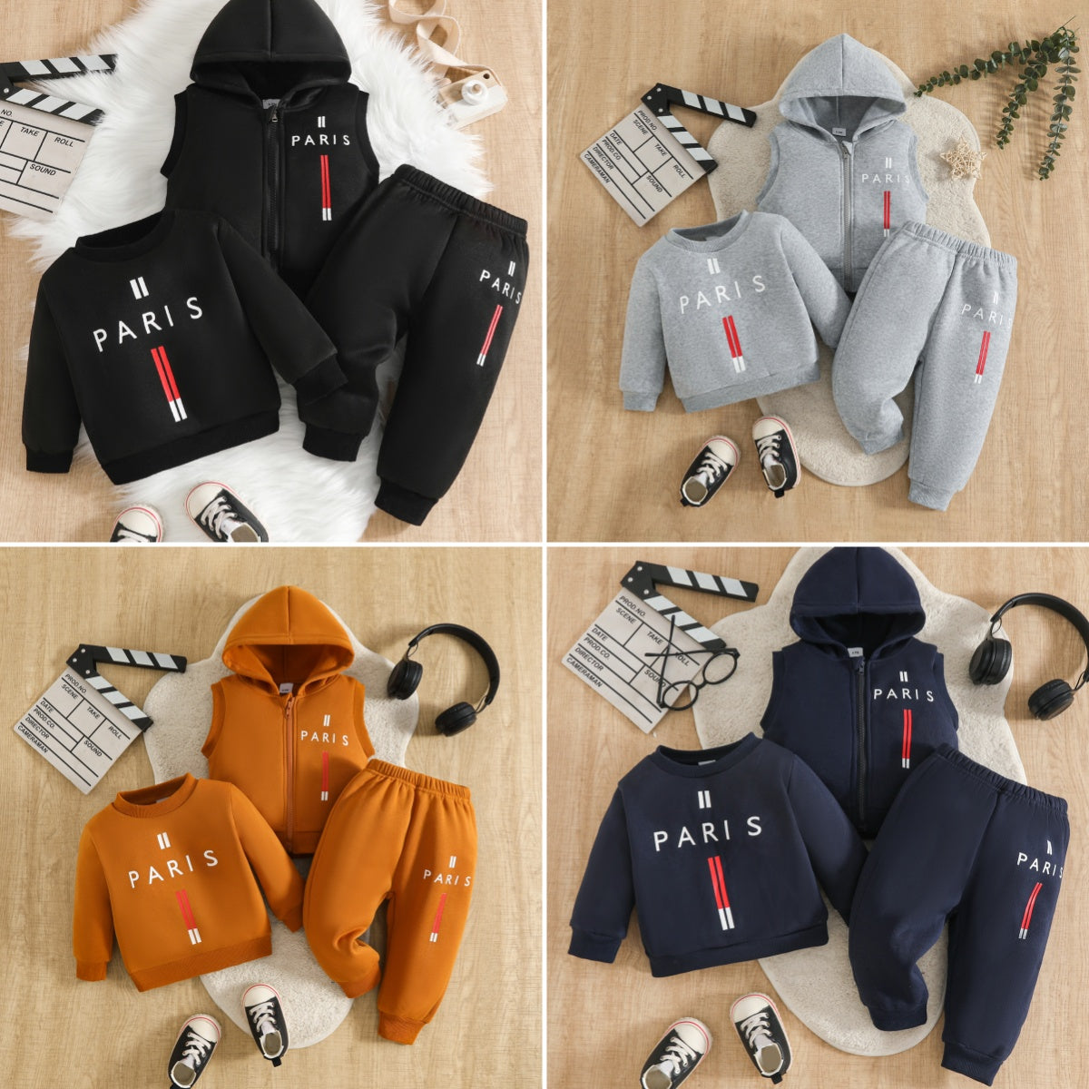 Wholesale 6M-3T Kids 3Pcs Paris Letter Hooded Vest Sweatshirt Outfit Set, Soft Cotton Knit Unisex Toddler Top & Jogger Pants