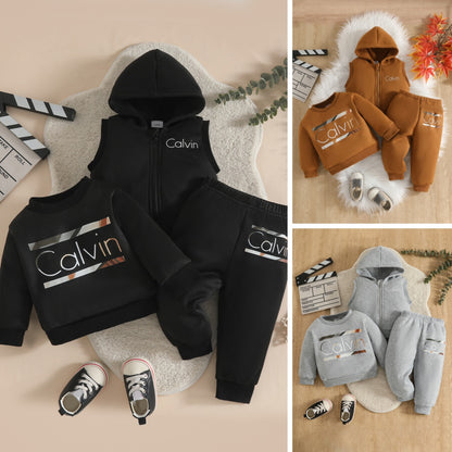 Wholesale 6M-3T Kids 3Pcs Calvin Letter Hooded Vest Sweatshirt Outfit Set, Soft Cotton Knit Unisex Toddler Top & Jogger Pants