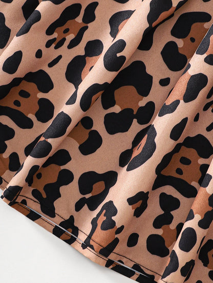 8-14Y  Ready Stock  Big Girls Dress Leopard Print Splice Short Sleeve Summer Casual Dress With A Belt Black  Catpapa 462311016