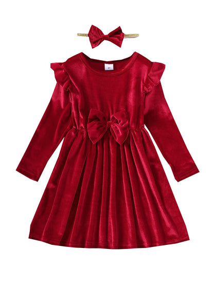 4-6Y Toddler Girl's 2pcs Plain Bow Decor Ruffle Trim Long Sleeve Dress & Hair Band Set,Cute Romantic Kids Fall Winter Outfits Red Catpapa 462311005