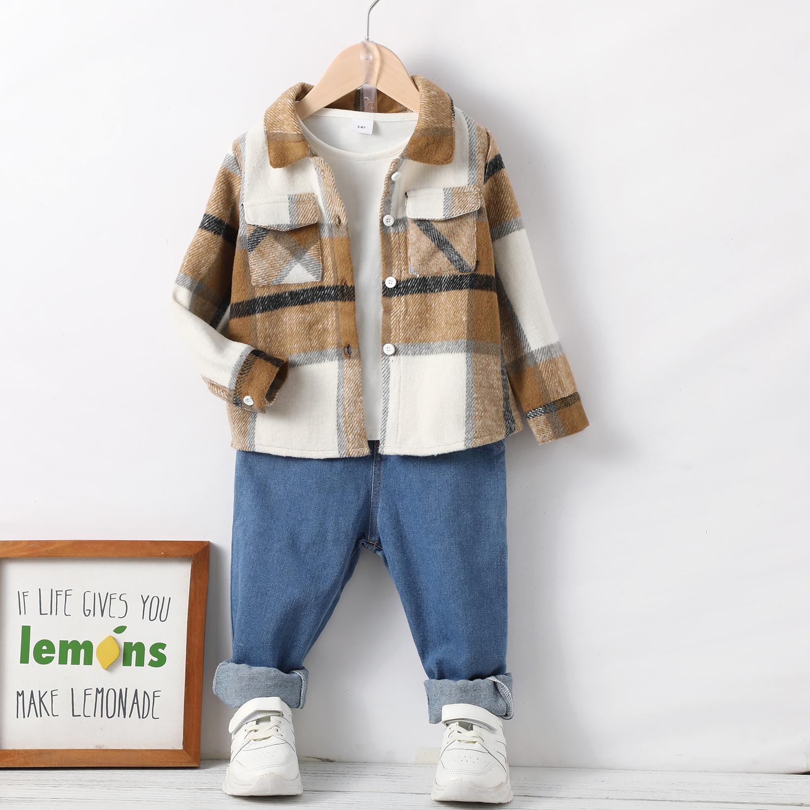 4-7Y Baby Boys Outfits Plaid Buttons Pocket Coat Demin Pants 2Pcs Clothes Set Kakhi Catpapa 112206751