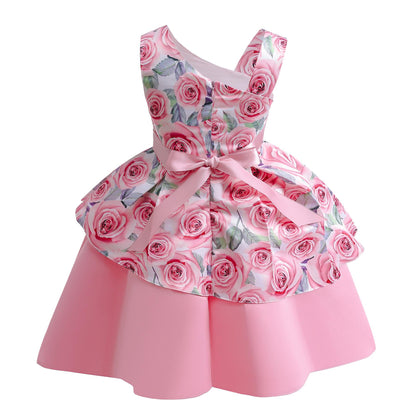 2-10Y Baby Girls Princess Dress Floral Bow Sloping Shoulder Summer Performance Dress One Piece Party Dress Catpapa ZT-8576