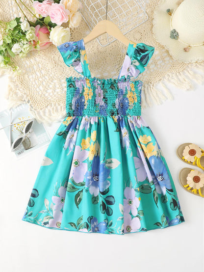 5-14Y Ready Stock Kids Clothes Girls Dress Floral Print Straps For Summer Smocking Dress One Piece Hawaii Style Dress Blue Catpapa 462302016
