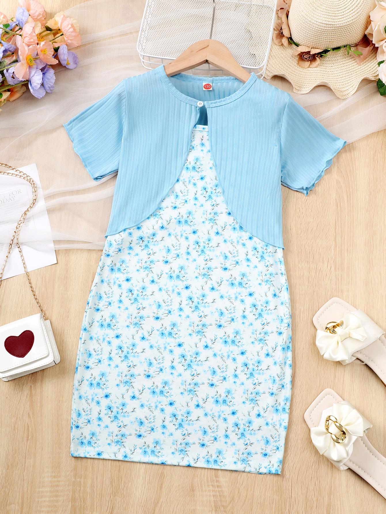 7-14Y Ready Stock Outfit For 7-14y Big Girls Short Sleeve Cardigan Top + Floral Print Cami Dress Holiday Casual Set, Summer 2PCS Girls Clothes Catpapa 462401050