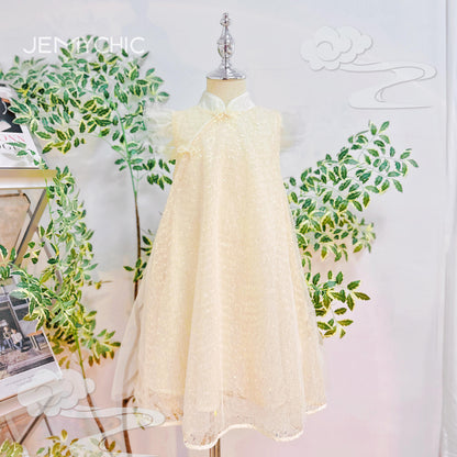 110-150 Ready Stock Girls Princess Dress Ruffle Sleeveless Gauze Sequins Dress One Piece Party Performance Dress White Catpapa JEMY09