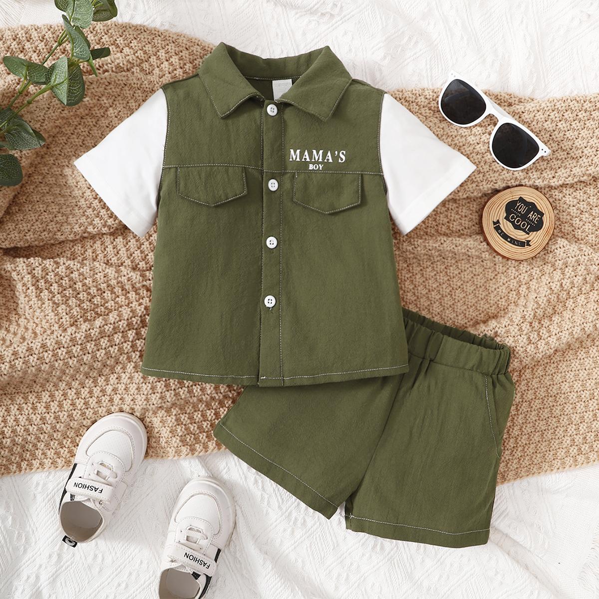 6M-3Y Kids fashion Boys OOTD Ready Stock Fake Two Pieces Turn-down Collar Shirt Elastic Shorts 2Pcs Clothes Set For Summer Catpapa GJ212211454