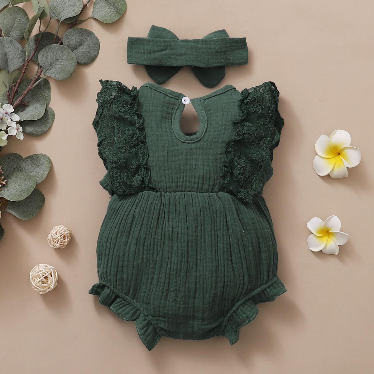 0-18M Ready Stock 0-18 Months Baby Girls Clothes Sleeveless Bow Bodysuit Solid Color Jumpsuit  Headband 2Pcs Set Green catpapa 12011153-3