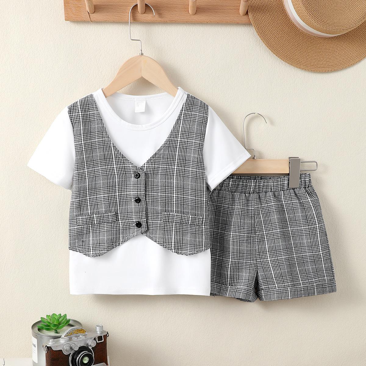 4-7Y Kids Fashion Boys Clothes Baby Gentle Outfits Plaid Short Sleeve Tops Shorts White Catpapa 112211156