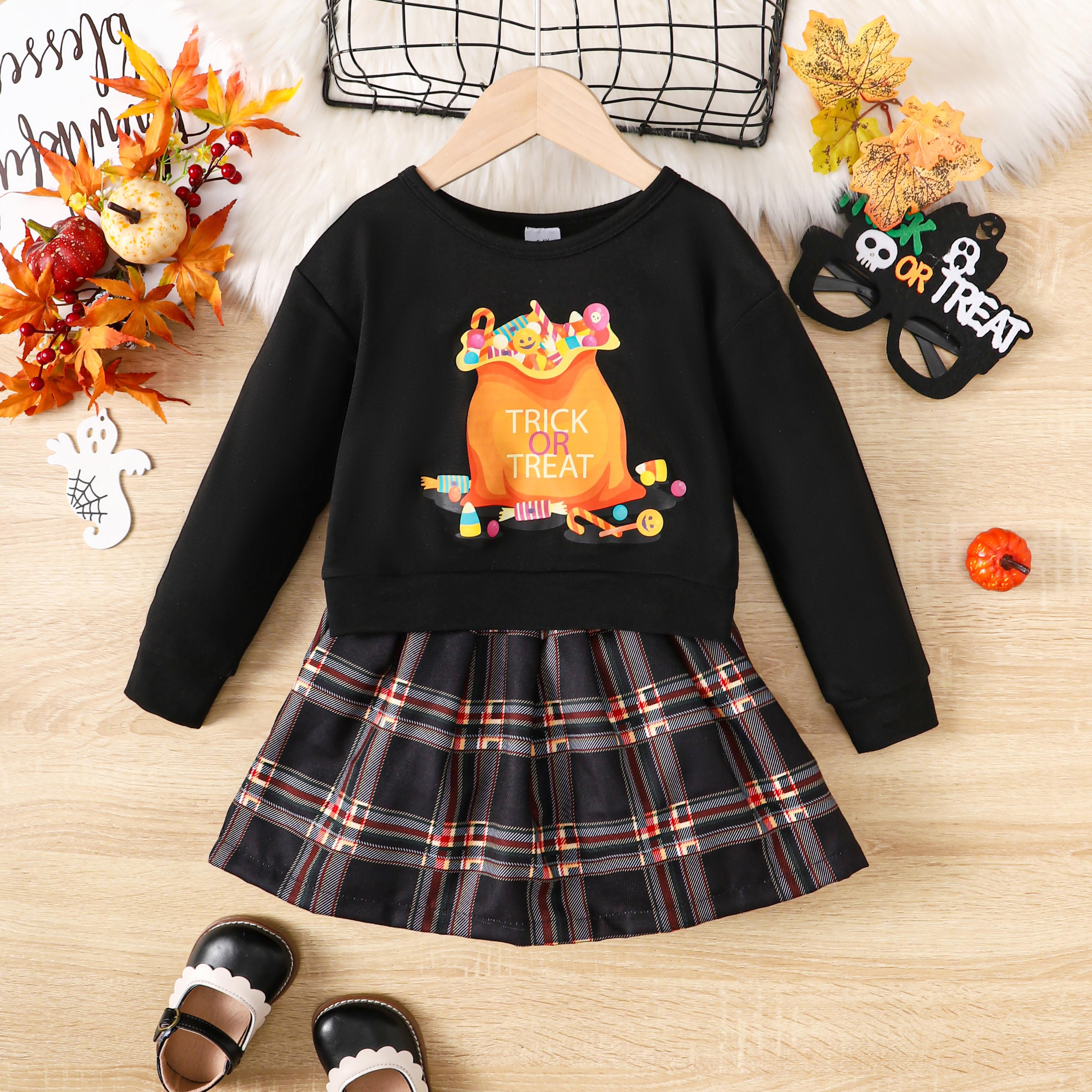 3-8Y Ready Stock Kids Girls Halloween Outfits Skirt Sets "TRICK OR TREAT" Letter Graphics Candy Print Long Sleeve Tops Plaid Pleated Skirts 2Pcs Clothing Black Catpapa 462307158