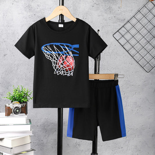 7-15Y Ready Stock Kids Clothes Boys Clothes Shorts Sets Basketball Pattern T-shirts Elastic Sport Style Shorts 2Pcs Outfits For Summer Black Catpapa 462306017