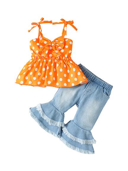 6M-3Y Kids Fashion Ready Stock Girls Clothes Wave Point Print Bow Straps Summer Tops Jeans Bell-bottomed Pants 2Pcs Nice Apparel Outfits Yellow Catpapa 112210153