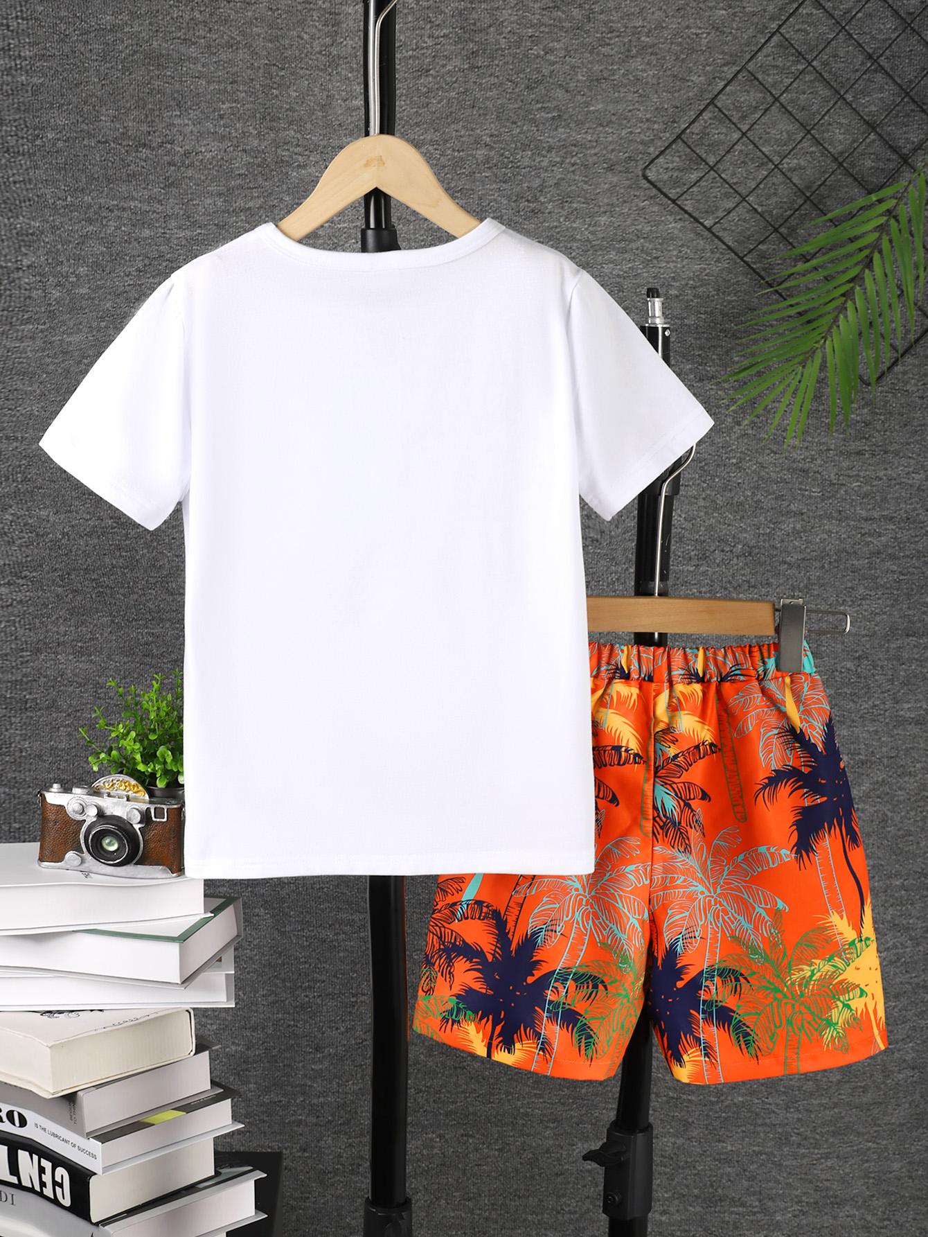 7-15Y Ready Stock Kids Clothes Boy Outifts Shorts Sets Summer Seaside Holiday Style T-shirt Elastic Rainforest Shorts 2Pcs Clothes Set White Catpapa 462306012