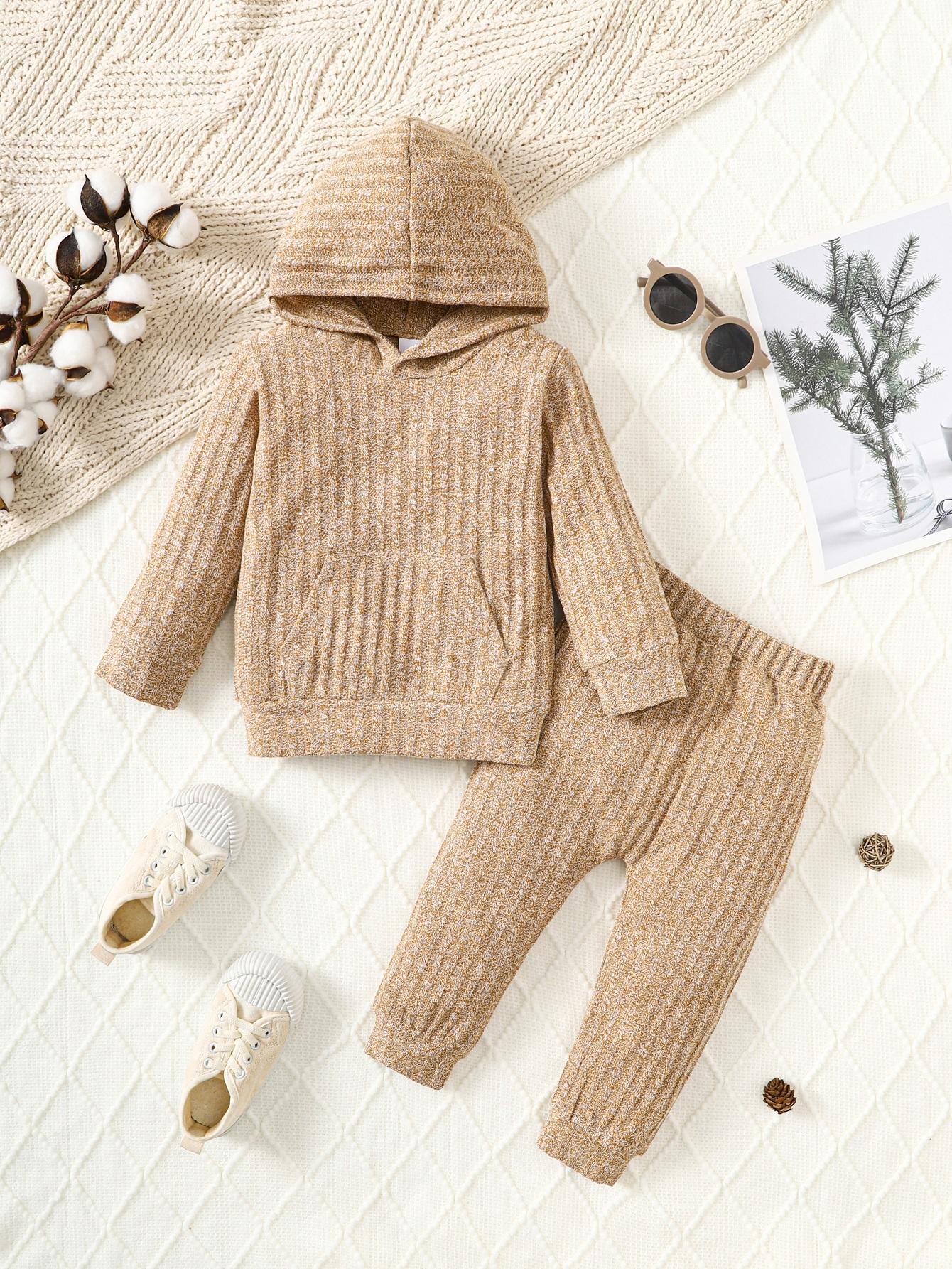 6M-3Y READY STOCK Baby Boys Clothes Solid Color Casual Knitted Long Sleeve Hoodies Tops Elastic Pants 2Pcs Outfits Size: 6M-3Y Light Brown Catpapa 462308181