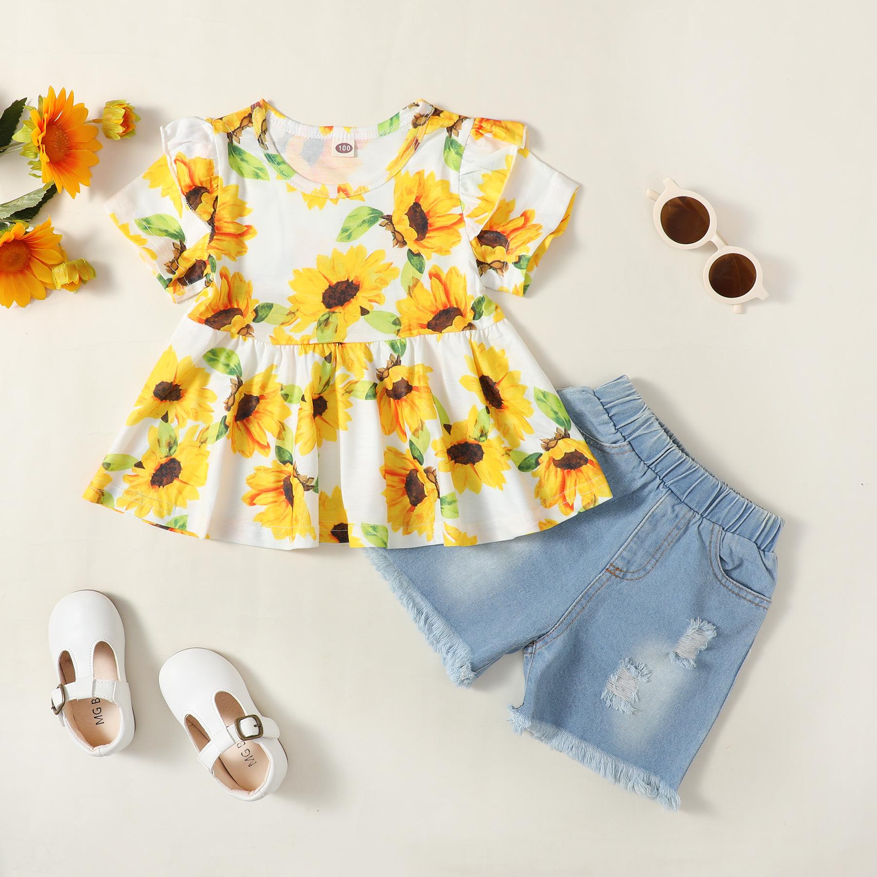 12M-4Y Baby Outfits Baby Girl Sunflowers T-Shirt Short Jeans 2PCS Catpapa YMX2003015