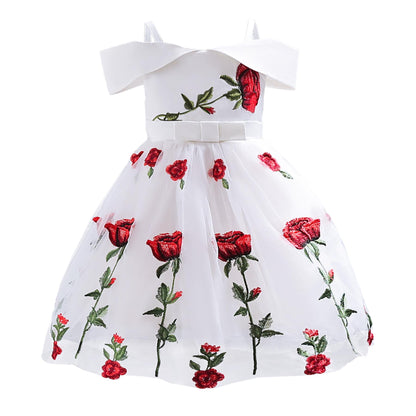 3-10Y Kids Fashion Baby Girls Princess Dress Off The Shoulder Rose Print Dress One Piece Performance Dress Catpapa ZT-2910