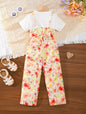 4-7Y Ready Stock 4-7Y Kid Toddler Girls Outfits Short Sleeve Solid Color Casual Tee Floral Print Bow Straps Suspender Pants Sets 2Pcs Clothing White Catpapa 132312174