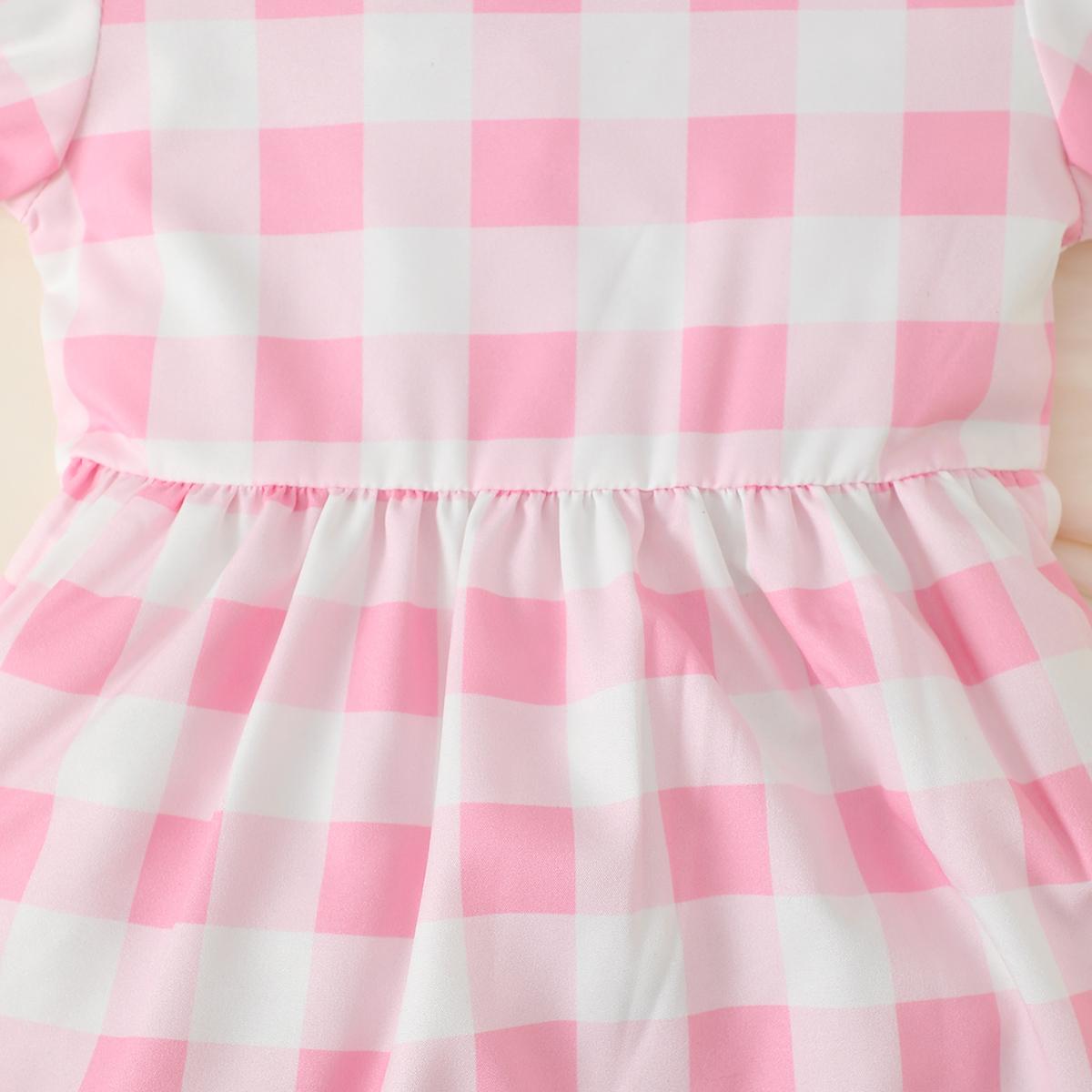 3-24M Ready Stock Baby Girls Dress Checker Print Doll Collar Bubble Sleeve Pocket Dress One Piece Sund Dress Pink Catpapa 312302013