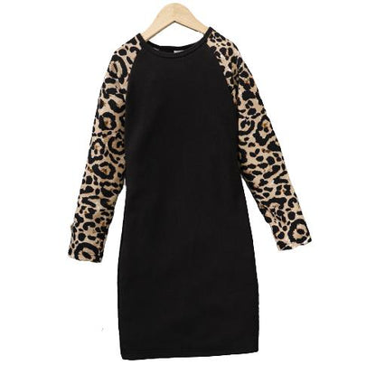 8-14Y Ready Stock Big Girls Dress Long Sleeves Color Block Leopard Splicing Dress For Party Kids Fall Winter Clothes Black Catpapa 462307028