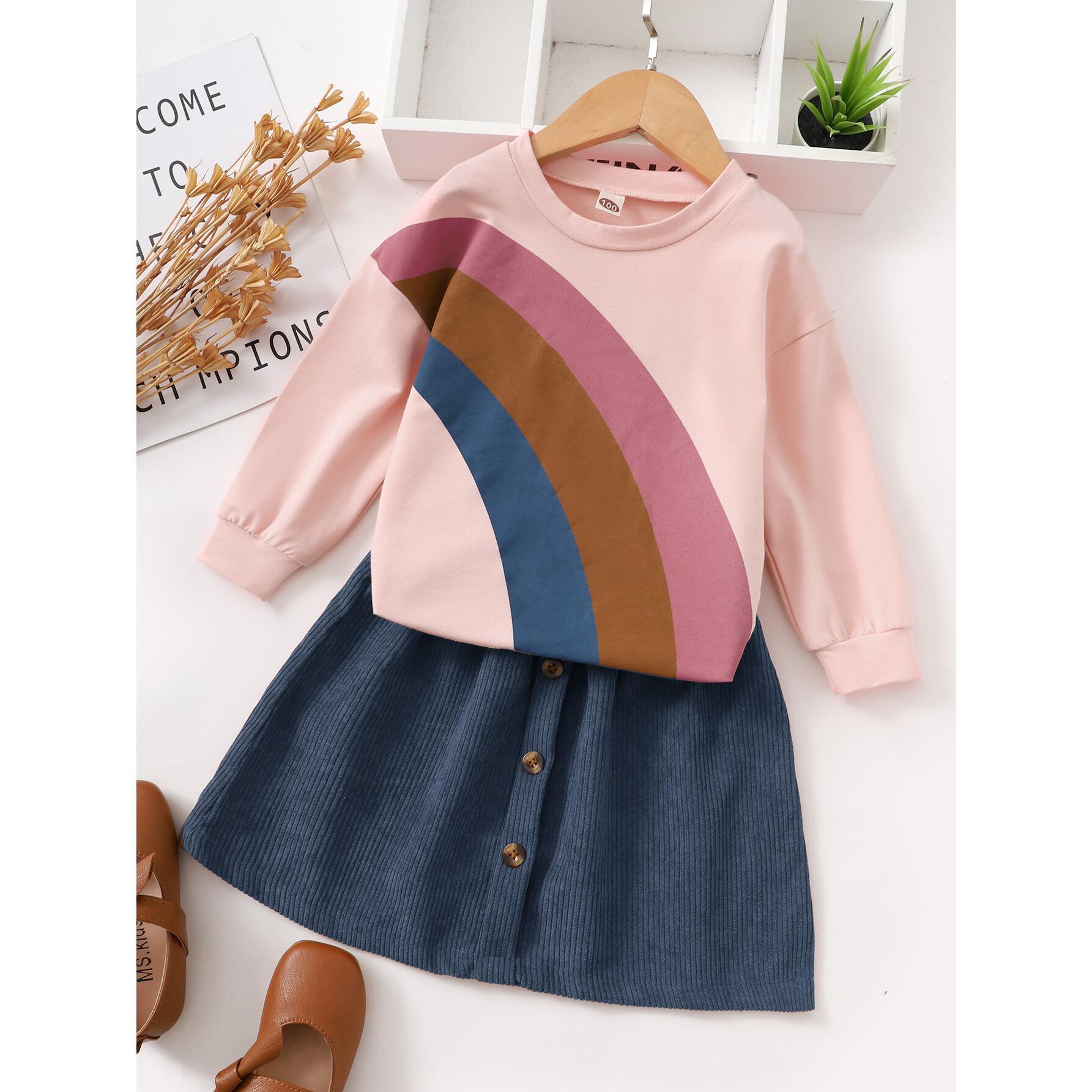 12M-7Y kIDS FASHION Girls Clothes 2PCS Outfits Girls Long Sleeve Round Neckline Tops Skirt Set Pink Catpapa 12106324-2